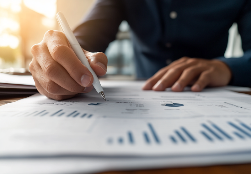 Consultor financiero profesional analizando datos económicos